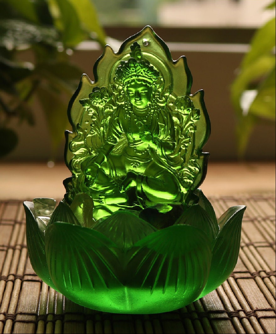 Handmade Green Tara Buddha Statue with Tealight Candle Holder | Bodhisattva Tara