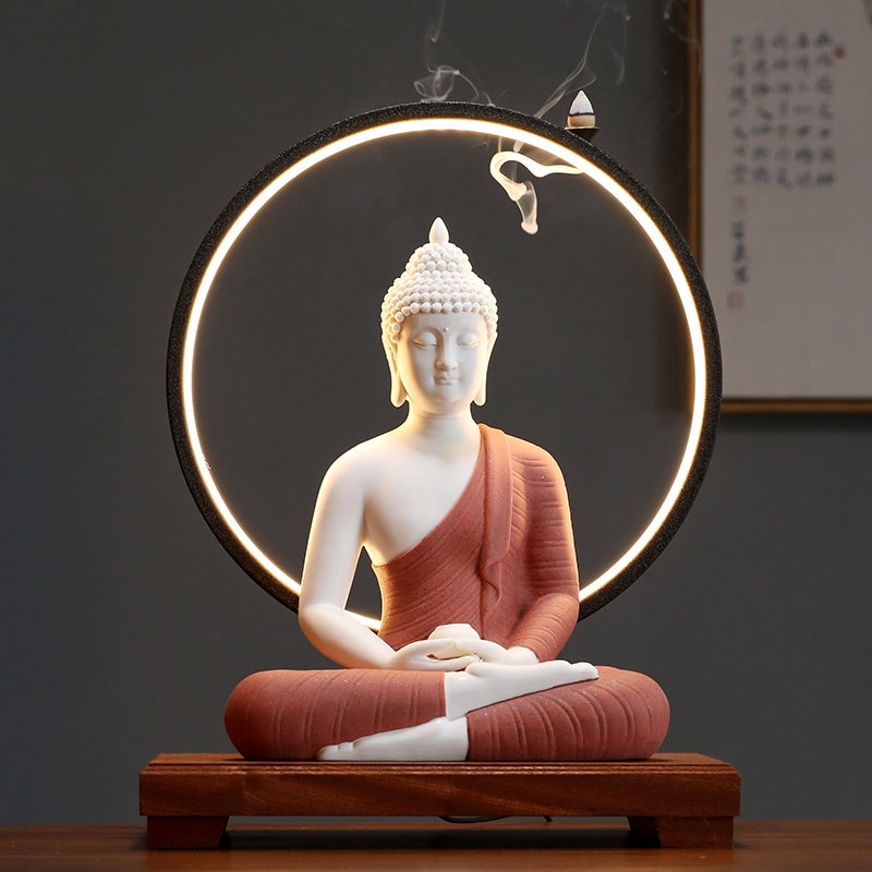 Porcelain Gautama Buddha Statue Decorative Set with LED light