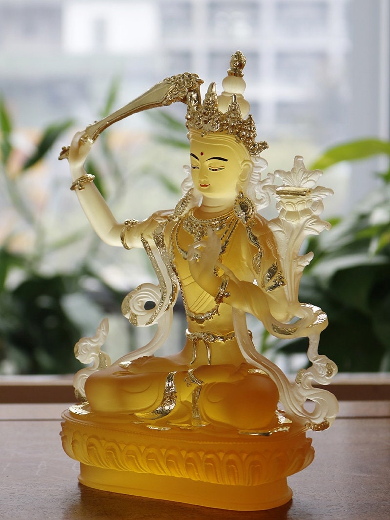 Liu Li Manjushri Buddha Statue | Gift for him or her | Liu li Glass Sculputre Ornaments | Religion | Tibetan Buddhist