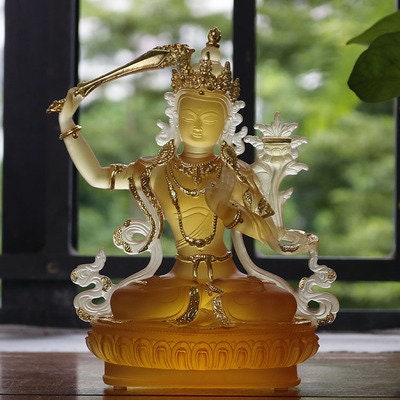 Liu Li Manjushri Buddha Statue | Gift for him or her | Liu li Glass Sculputre Ornaments | Religion | Tibetan Buddhist