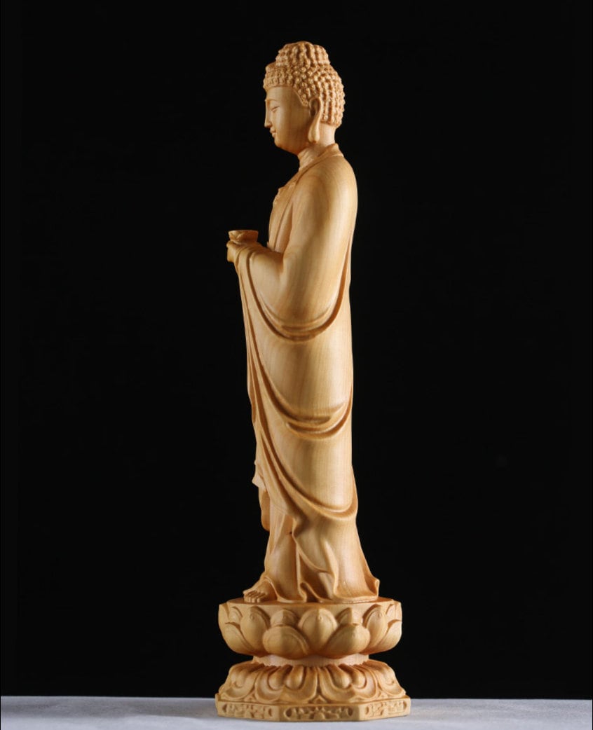 Handcrafted Wood Buddha Statue | Gautama Sakyamuni Buddha Ornaments Sculpture | Boxwood | Varada mudra | Standing Buddha