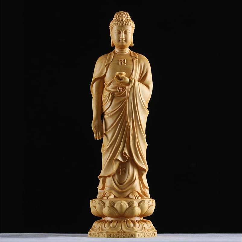 Handcrafted Wood Buddha Statue | Gautama Sakyamuni Buddha Ornaments Sculpture | Boxwood | Varada mudra | Standing Buddha