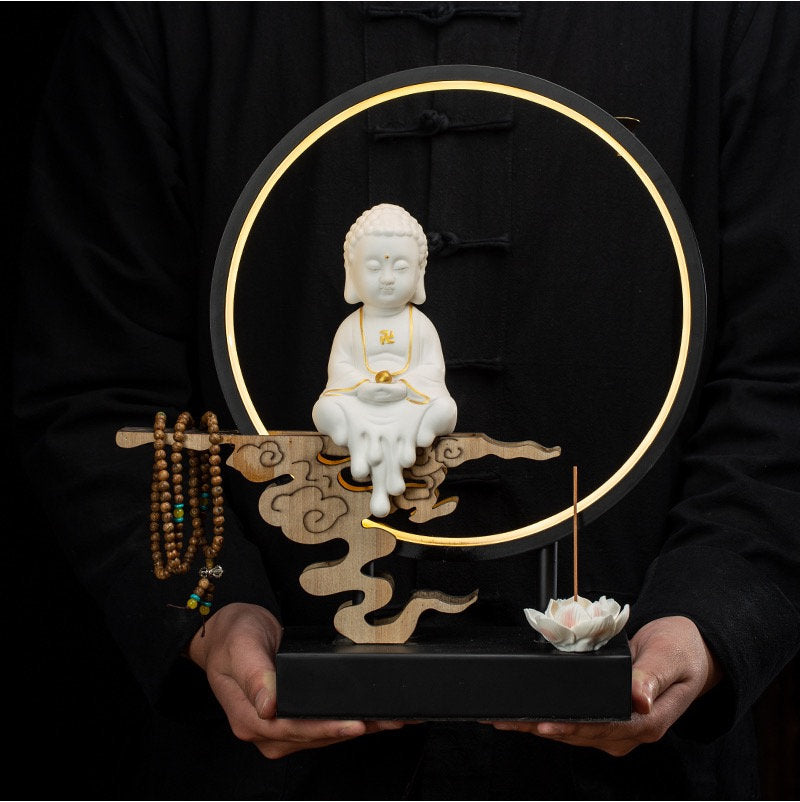 Ceramic Little Buddha Decorative Set with LED light and Incense Burner | Buddha Statue | Meditation | Home Decoration | Buddha Decoration