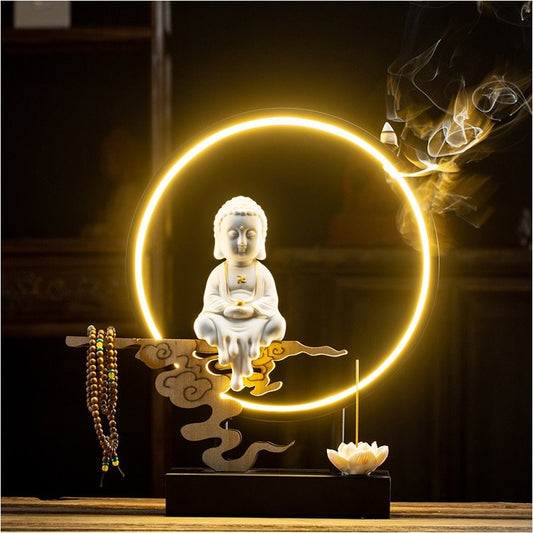 Ceramic Little Buddha Decorative Set with LED light and Incense Burner | Buddha Statue | Meditation | Home Decoration | Buddha Decoration