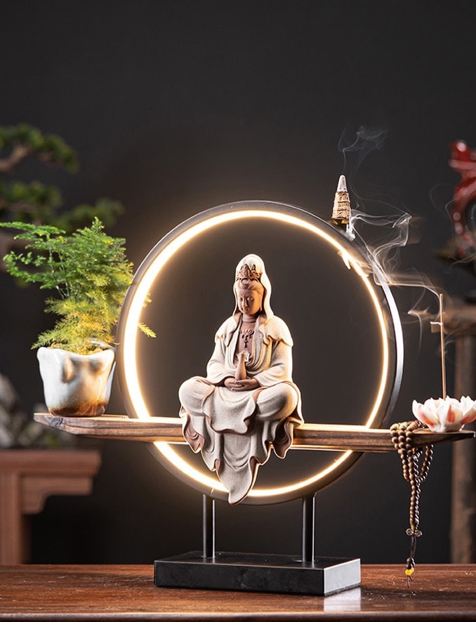 Guan Statu LED light Yin Statue with Porcelain Decor – | Buddha Set Decorative Buddha