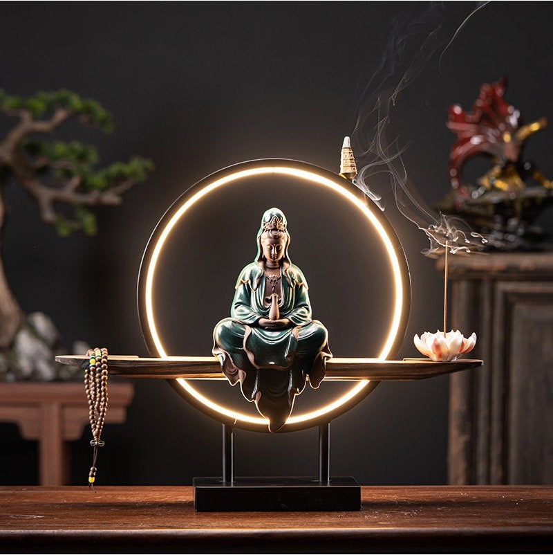 Porcelain Guan Yin Statue Decorative Set with LED light | Buddha Statue | Kuan Yin Quan Yin | Meditation | Home Decoration | Incense Burner