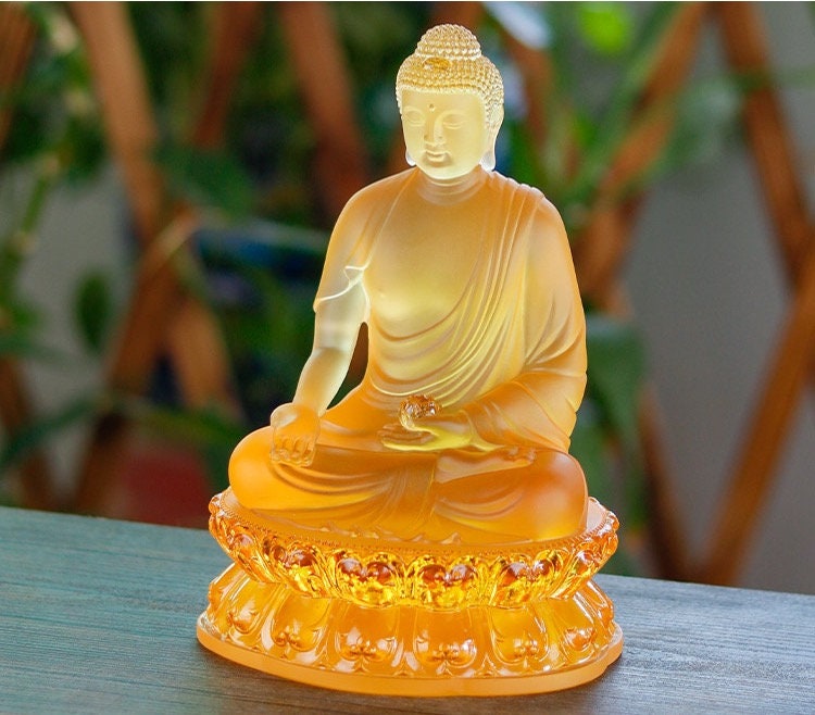 Handmade Liu Li Sakyamuni Amitabha Medicine Buddha Statue | Buddha Statue | Meditation | Dhyana Mudra | Abhaya Mudra | Buddha Decor | Glass