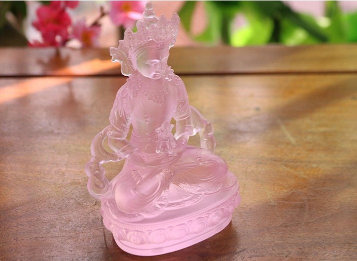 Liu Li Amitayus Buddha Statue | Glass Sculputre Ornaments | Religion | Longevity Buddha | Tibetan Mantra | Altar Praying | Meditation | Pink
