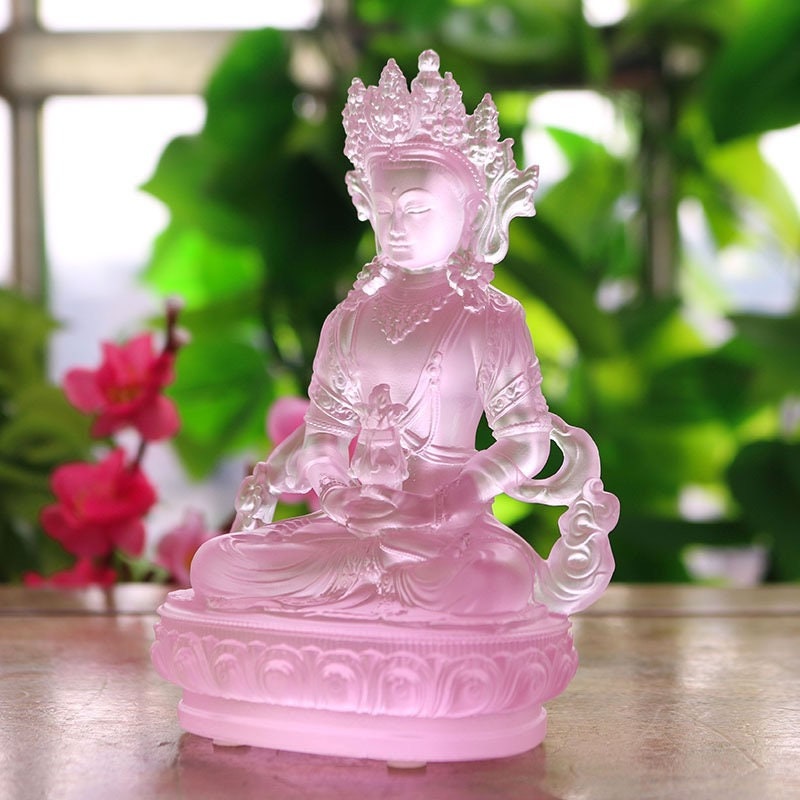 Liu Li Amitayus Buddha Statue | Glass Sculputre Ornaments | Religion | Longevity Buddha | Tibetan Mantra | Altar Praying | Meditation | Pink