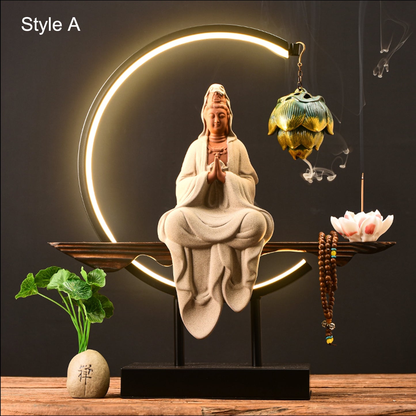 Porcelain White & Beige Guan Yin Statue Decorative Set with LED light | Buddha Statue | Kuan Yin Quan Yin | Meditation | Incense Burner