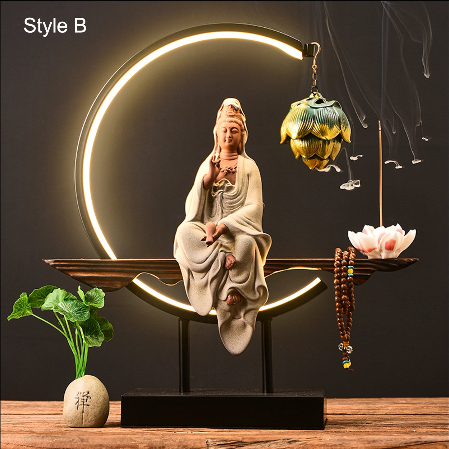 Porcelain White & Beige Guan Yin Statue Decorative Set with LED light | Buddha Statue | Kuan Yin Quan Yin | Meditation | Incense Burner