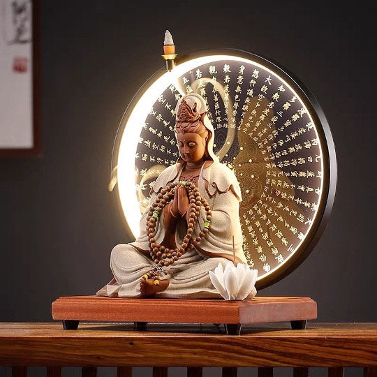 Guan Yin Statue Decorative Set with LED Heart Sutra  | Buddha Statue | Kuan Yin Quan Yin | Meditation | Home Decoration | Incense Burner