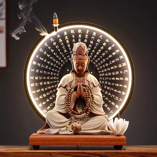 Guan Yin Statue Decorative Set with LED Heart Sutra  | Buddha Statue | Kuan Yin Quan Yin | Meditation | Home Decoration | Incense Burner