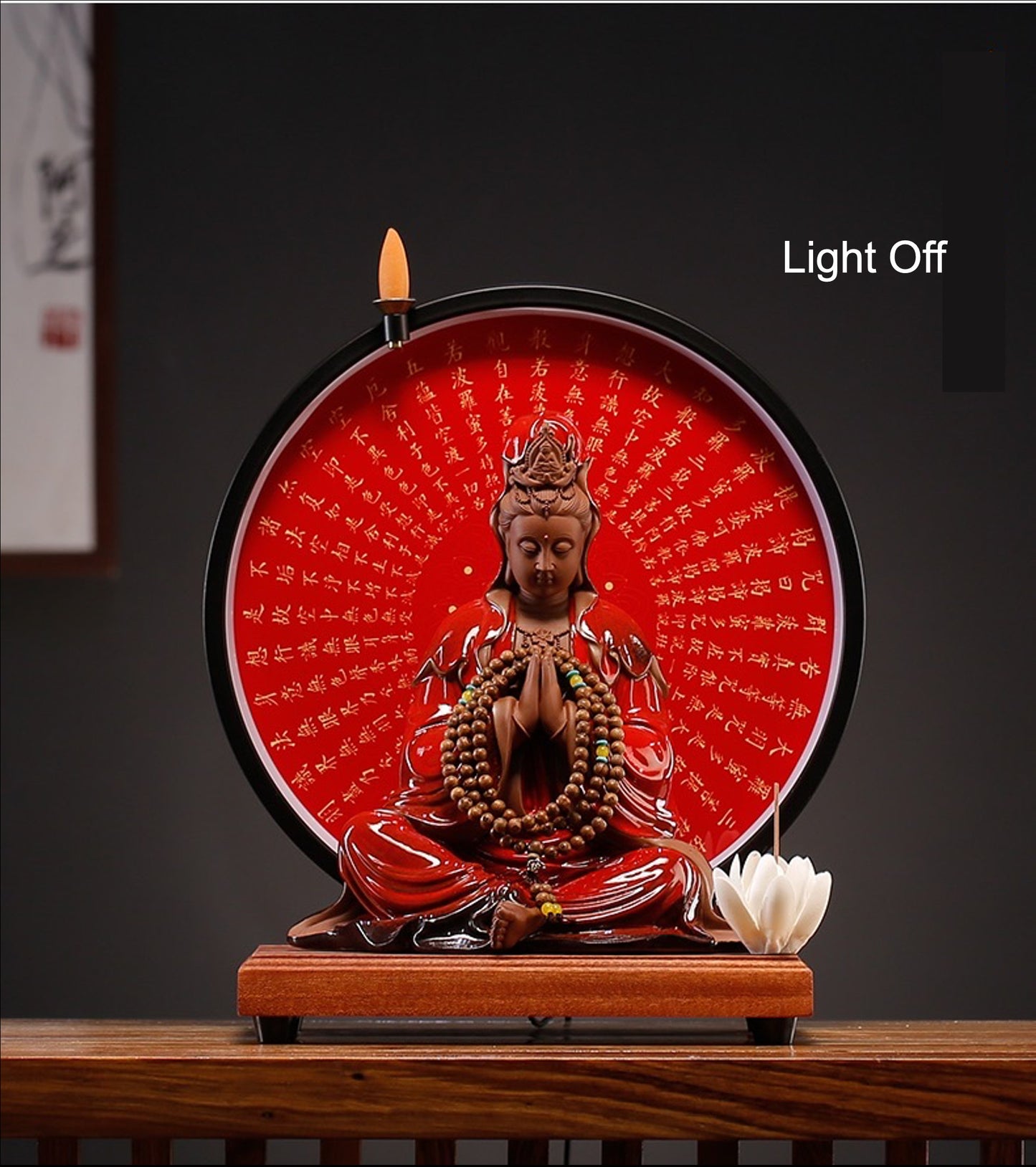 Guan Yin Statue Decorative Set with LED Heart Sutra  | Buddha Statue | Kuan Yin Quan Yin | Meditation | Home Decoration | Incense Burner