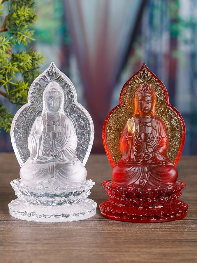 Orange Liu Li Guan Yin Statue Ornament | Spiritual Religion | Goddess of Compassion | Crystal Art | Buddha Decoration