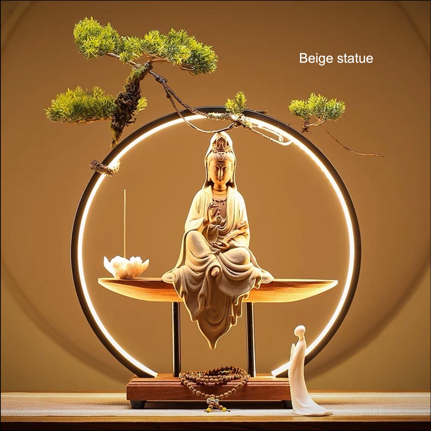Beige and White Guan Yin Statue Decorative Set with LED light | Buddha Statue | Kuan Yin Quan Yin | Meditation | Home Decoration | Incense