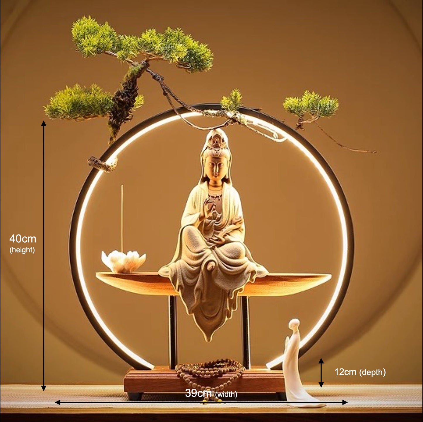 Beige and White Guan Yin Statue Decorative Set with LED light | Buddha Statue | Kuan Yin Quan Yin | Meditation | Home Decoration | Incense