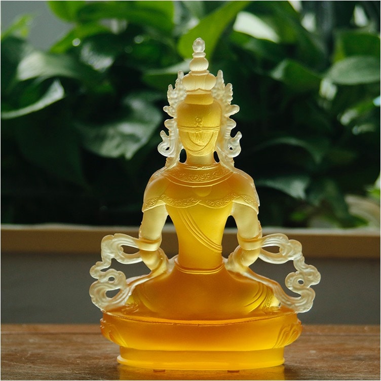 Liu Li Amitayus Buddha Statue | Glass Sculputre Ornaments | Religion | Longevity Buddha | Tibetan Mantra | Altar Praying | Meditation