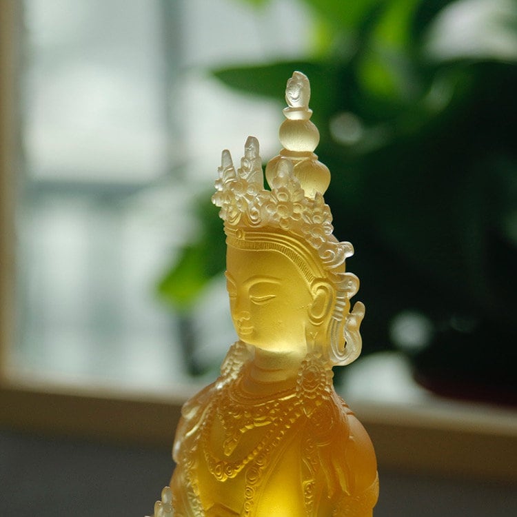 Liu Li Amitayus Buddha Statue | Glass Sculputre Ornaments | Religion | Longevity Buddha | Tibetan Mantra | Altar Praying | Meditation