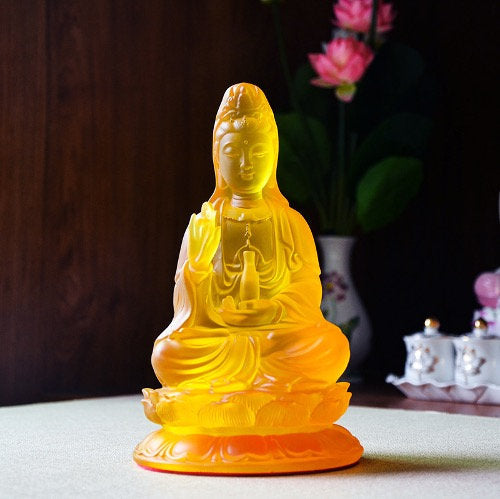 Liu Li Glass Amber Color Guan Yin Statue Ornament | Gifting for him or her | Goddess of Compassion | Crystal Art | Buddha Decoration