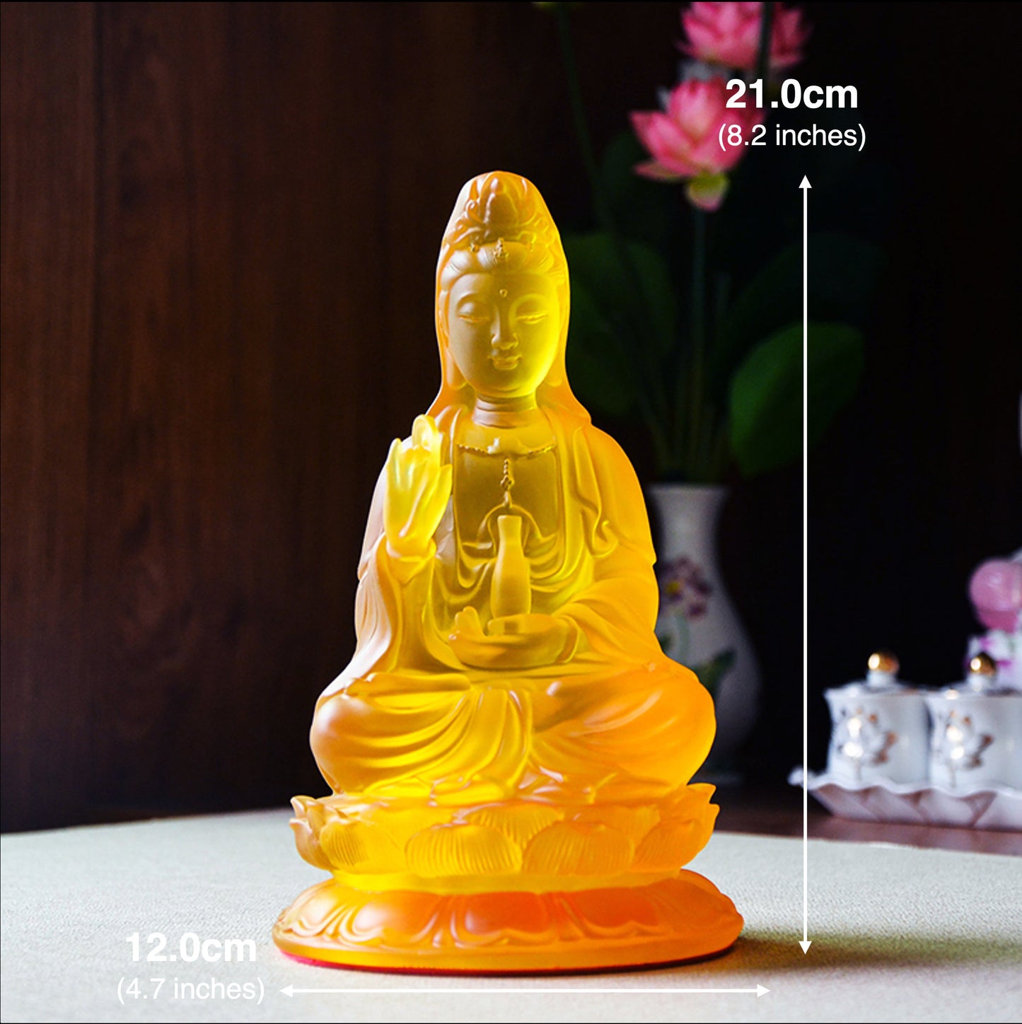 Liu Li Glass Amber Color Guan Yin Statue Ornament | Gifting for him or her | Goddess of Compassion | Crystal Art | Buddha Decoration