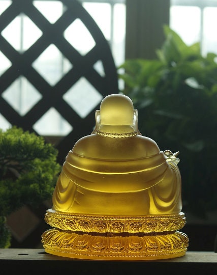 Liu Li Glass Amber Color Laughing Budda Statue | Ornament | Happiness Buddha | Good luck and Blessings
