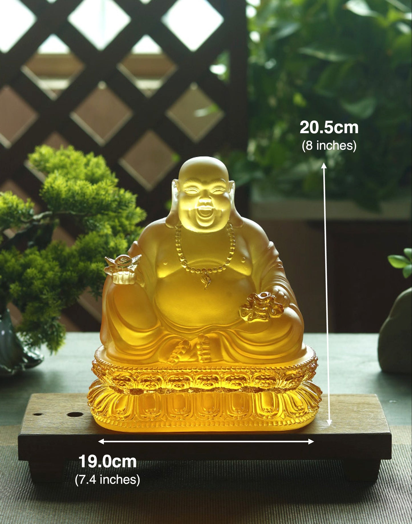 Liu Li Glass Amber Color Laughing Budda Statue | Ornament | Happiness Buddha | Good luck and Blessings