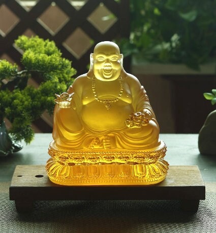 Liu Li Glass Amber Color Laughing Budda Statue | Ornament | Happiness Buddha | Good luck and Blessings